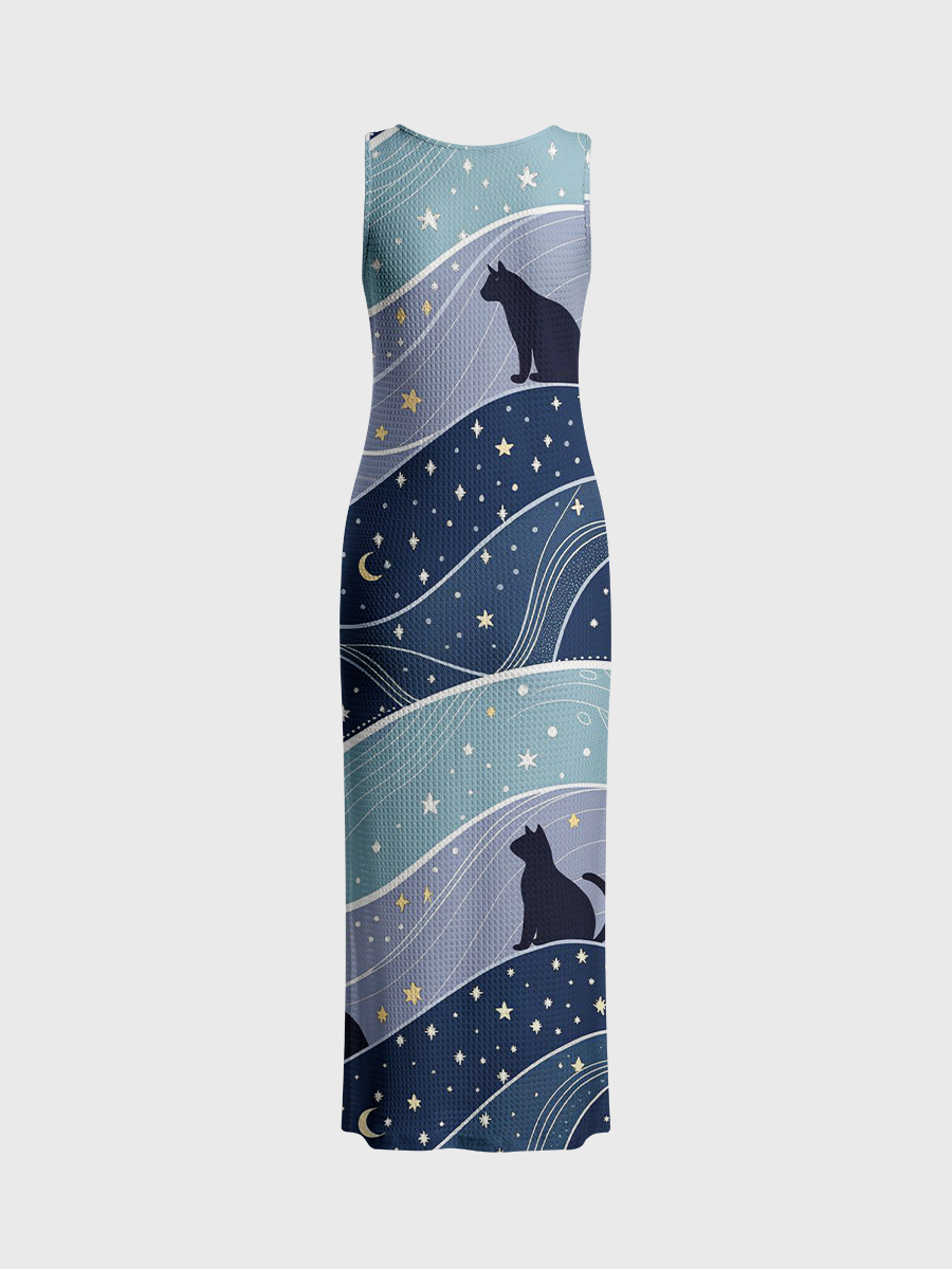 Moon And Star Cats Open Stitch Midi Dress