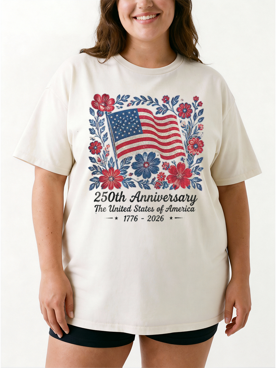 Vintage 4Th July 250Th Year Floral Usa Flag Oversize Graphic Tee