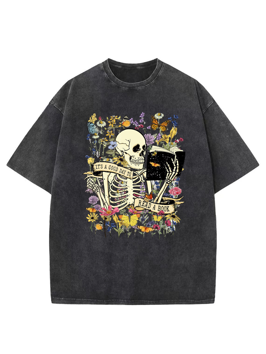 Vintage Spooky Skull Reading Amidst Butterflies Washed T-Shirt