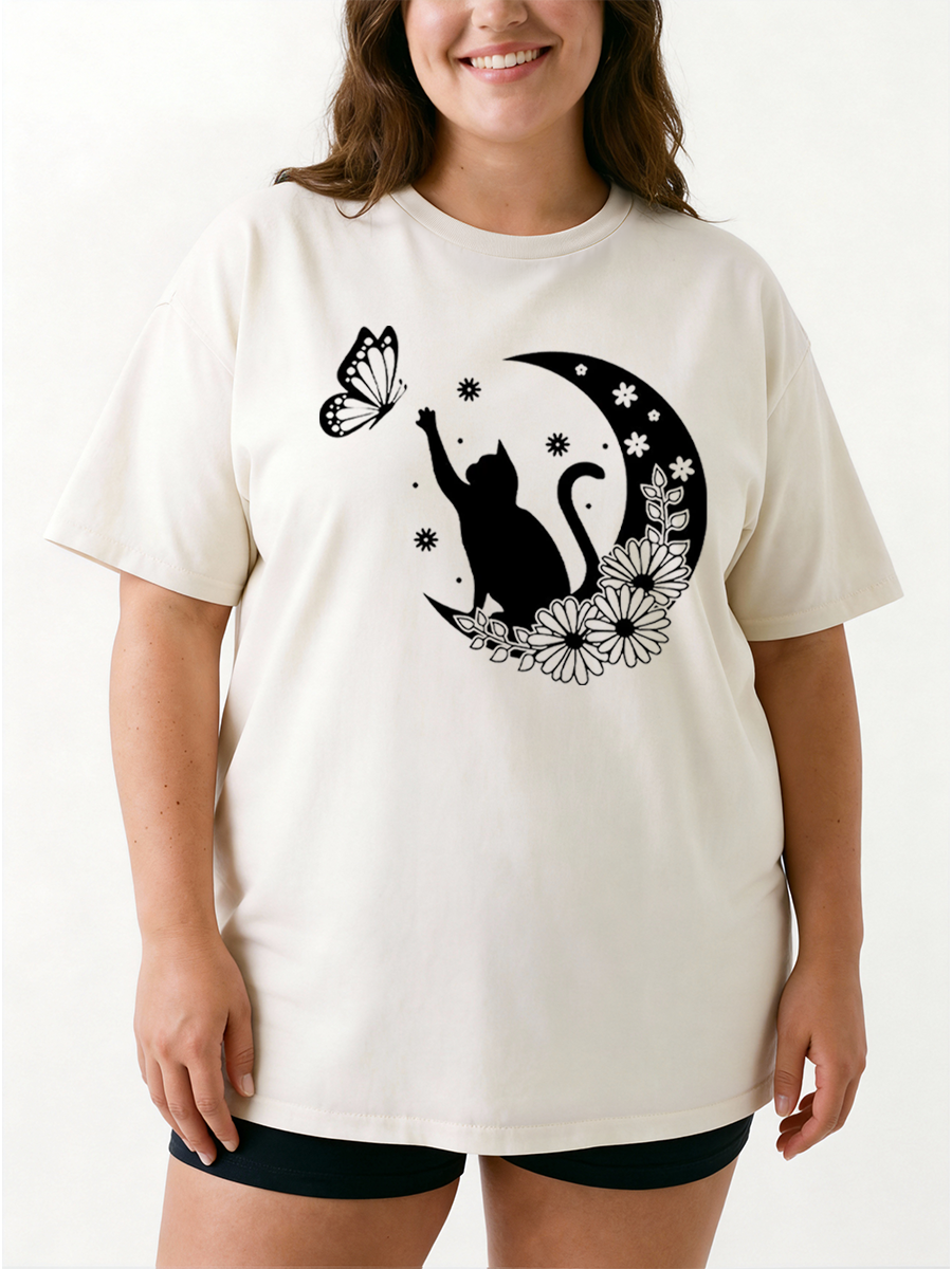 Vintage Cat And Butterfly Oversize Graphic Tee