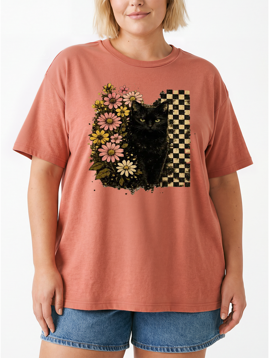 Vintage Black Cat Floral Halloween Oversize Graphic Tee