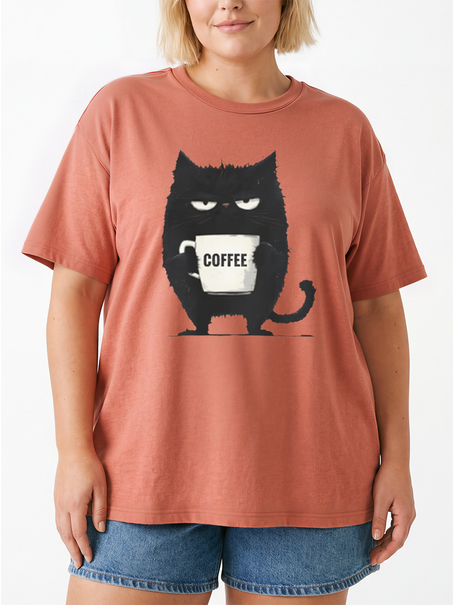Vintage Funny Black Cat Coffee Oversize Graphic Tee