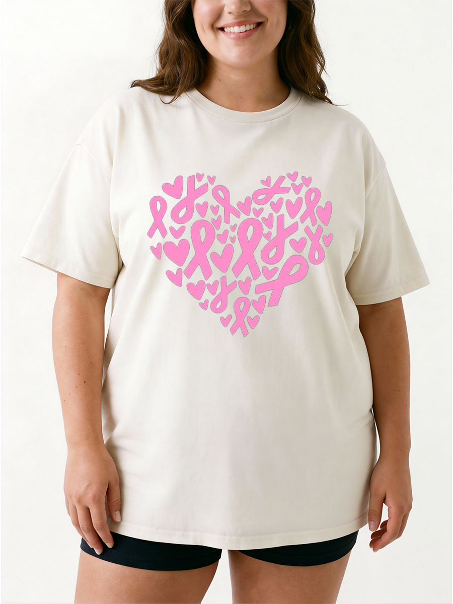 Vintage Pink Ribbon Heart Oversize Graphic Tee