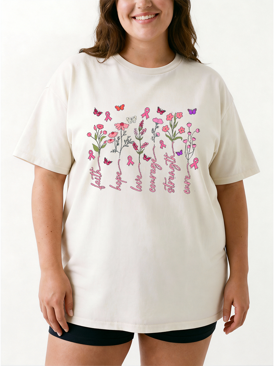 Vintage Faith Hope Love Courage Strength Cure Oversize Graphic Tee