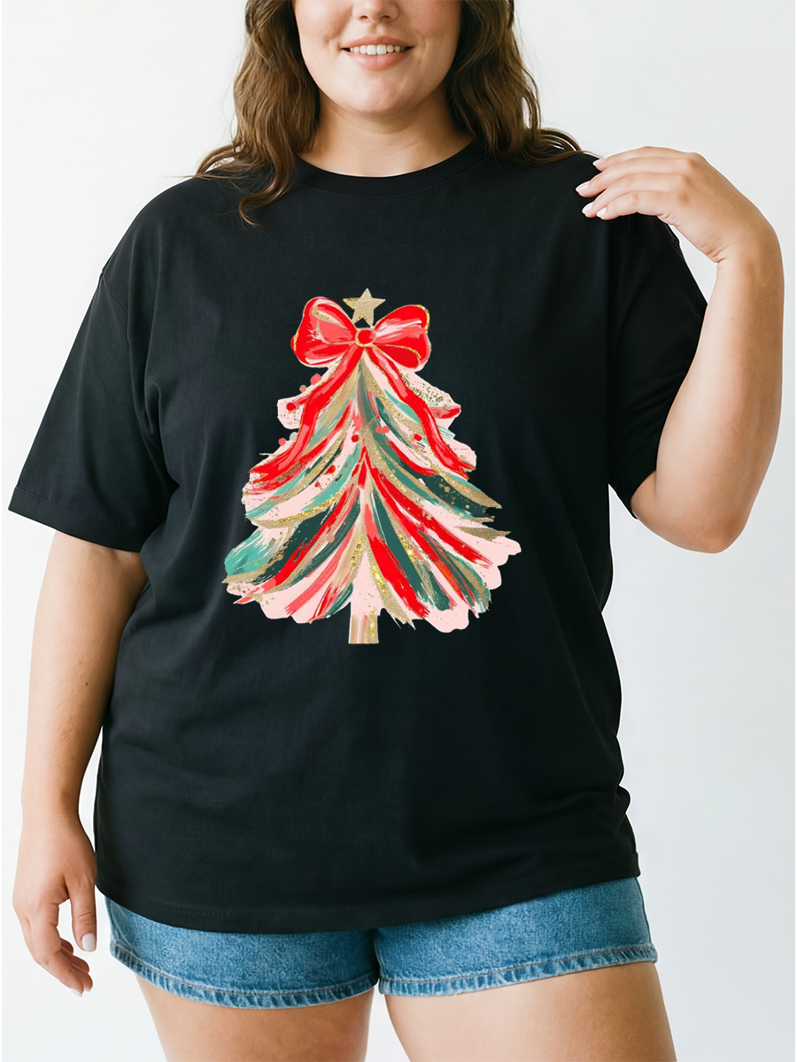 Vintage Red Bow Christmas Tree Oversize Graphic Tee
