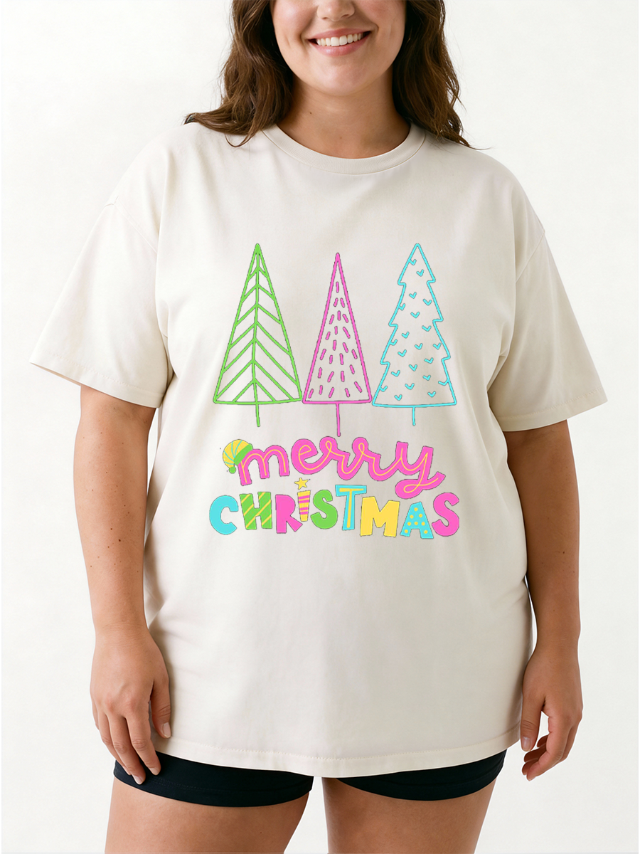 Vintage Colorful Christmas Tree Oversize Graphic Tee