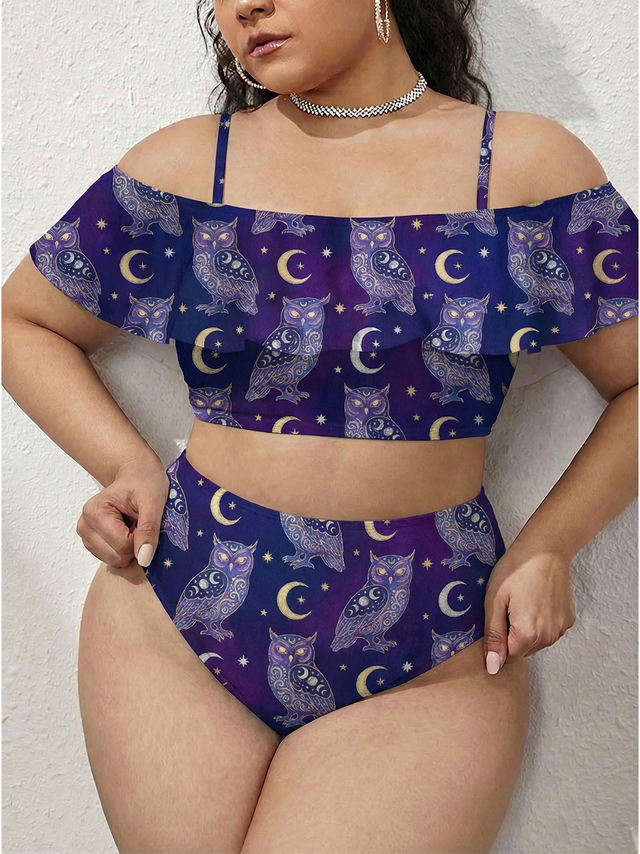 Vintage Mystical Owl With Moon Symbols Two Piece Ruffled Tankini Swimsuit