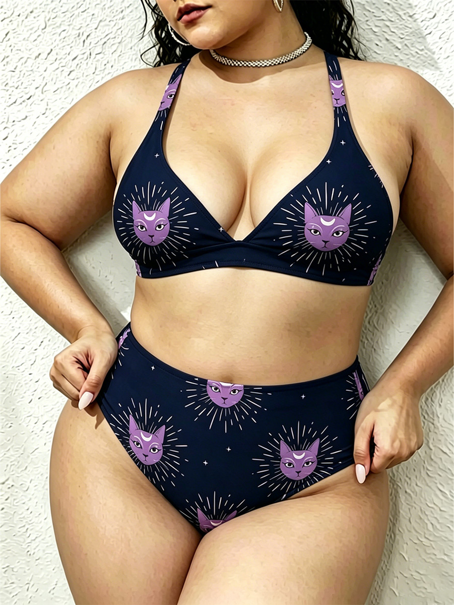 Vintage Bohemian Celestial Cat Two Piece Ruffled Tankini Swimsuit