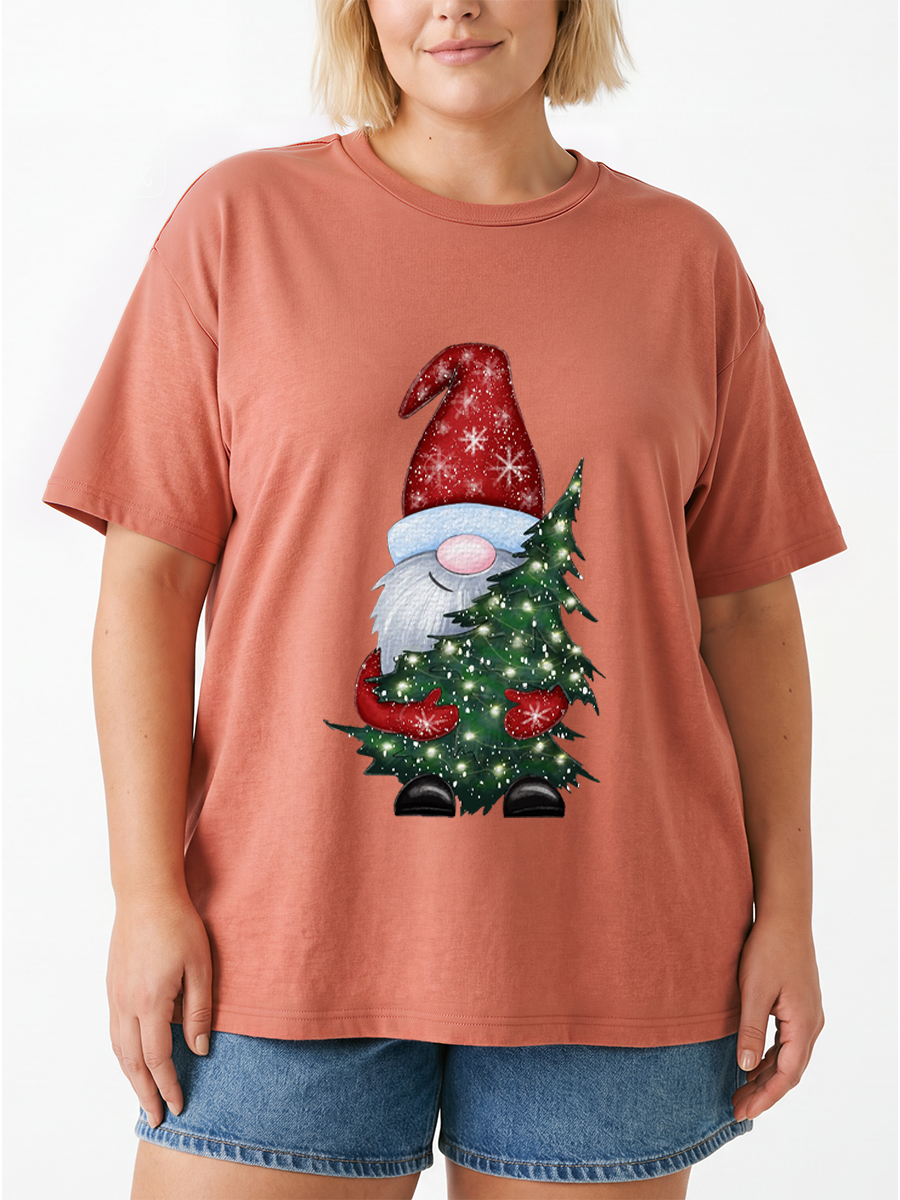 Vintage Chritmas Gnome With Tree Oversize Graphic Tee