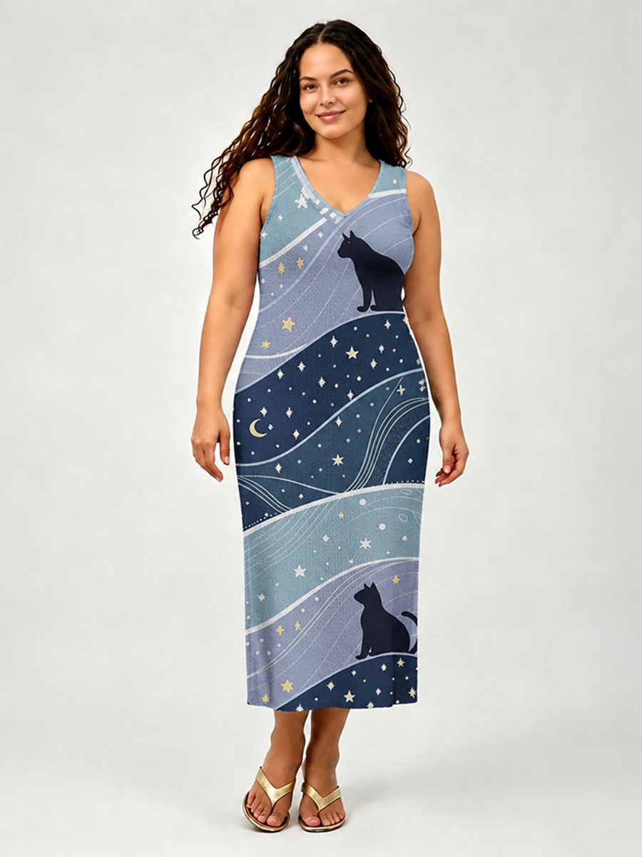 Moon And Star Cats Open Stitch Midi Dress