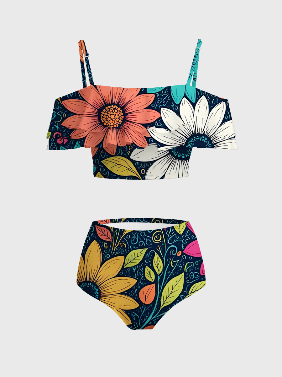 Vintage Boho Folk Art Daisy Two Piece Ruffled Tankini Swimsuit