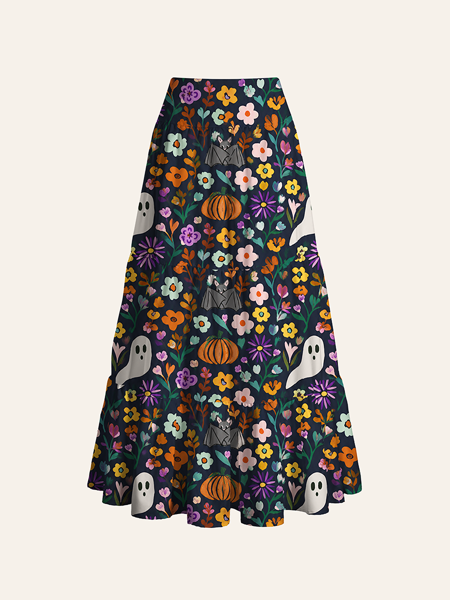 Dark Floral Ghost Bat Autumn Vintage Flower Halloween Cabinet Convertible Maxi Skirts