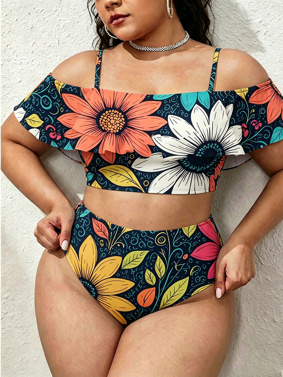 Vintage Boho Folk Art Daisy Two Piece Ruffled Tankini Swimsuit