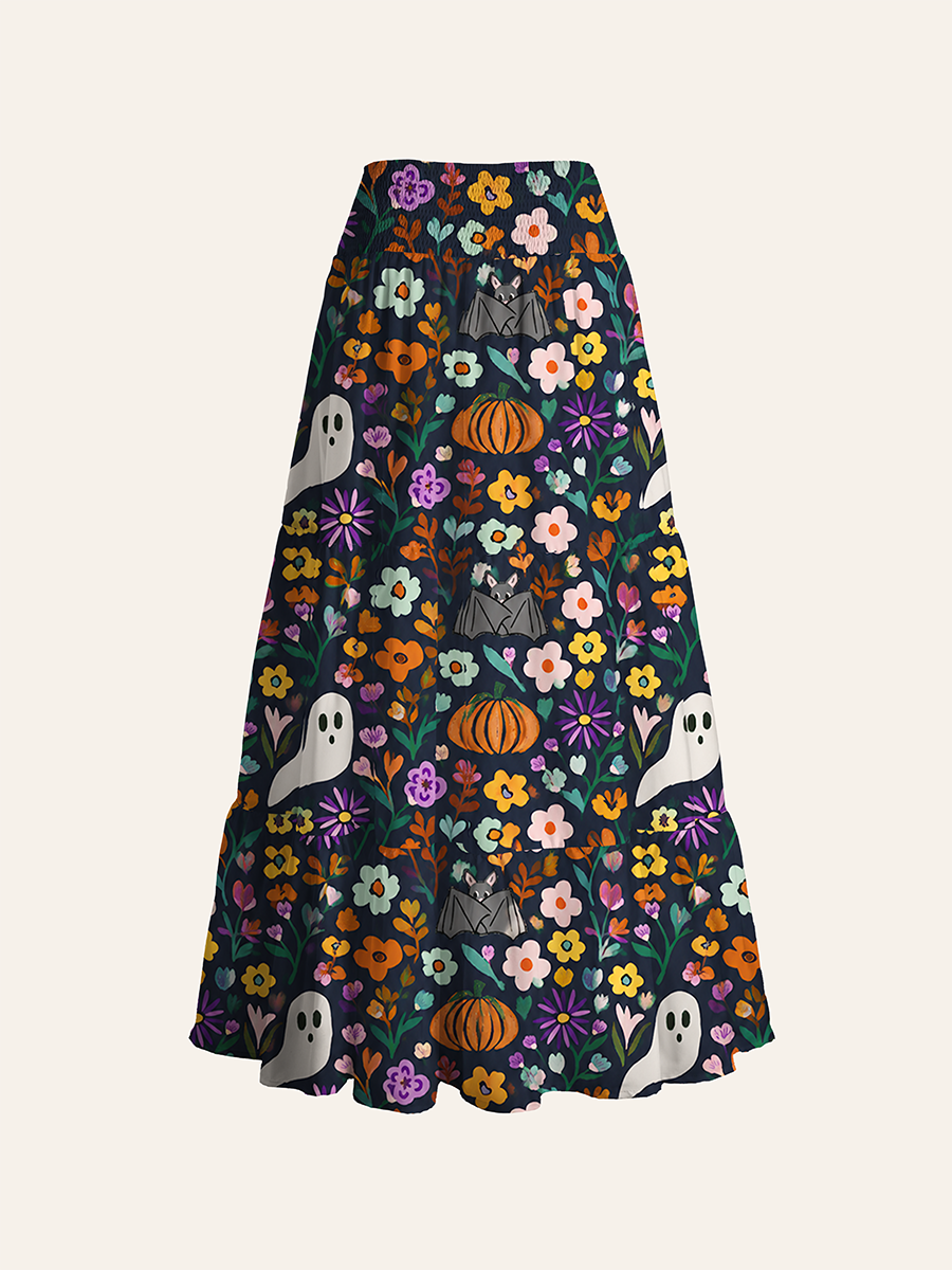 Dark Floral Ghost Bat Autumn Vintage Flower Halloween Cabinet Convertible Maxi Skirts