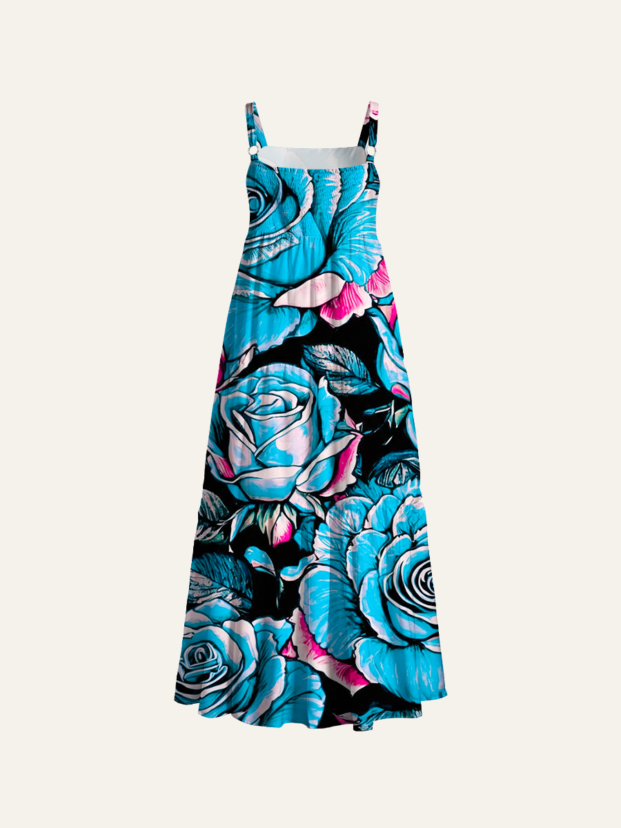 Pop Art Floral Pattern Adjustable Wide Straps Maxi Dress