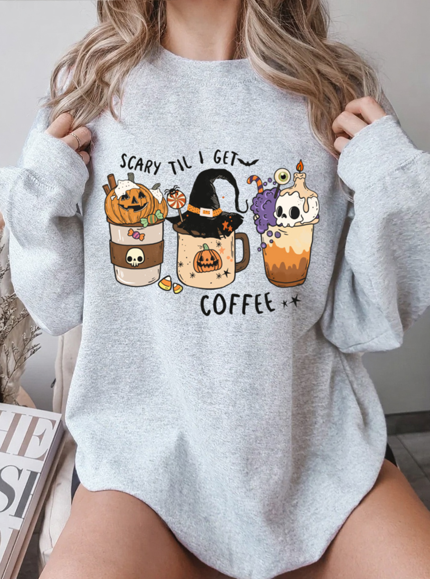 Vintage Scary Till I Get Coffee Oversize Graphic Sweatshirt