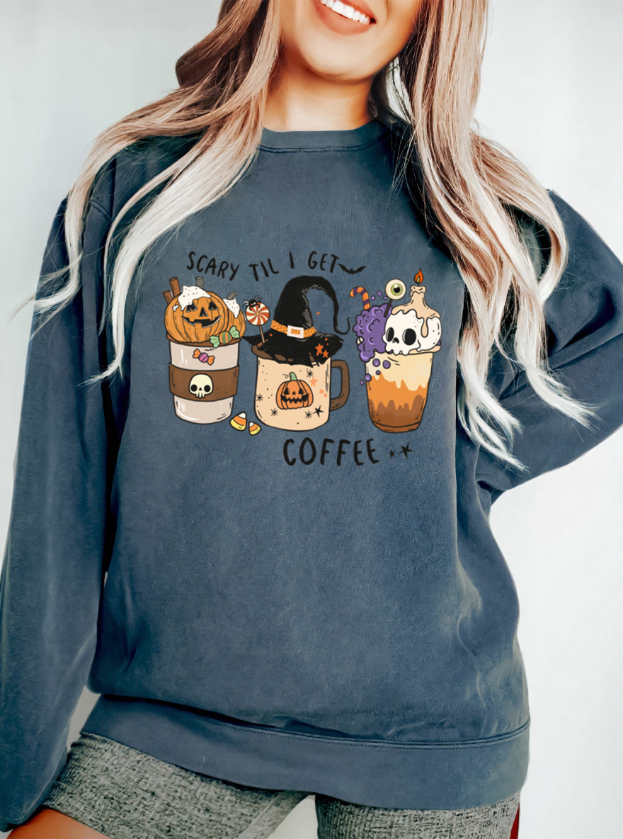 Vintage Scary Till I Get Coffee Oversize Graphic Sweatshirt
