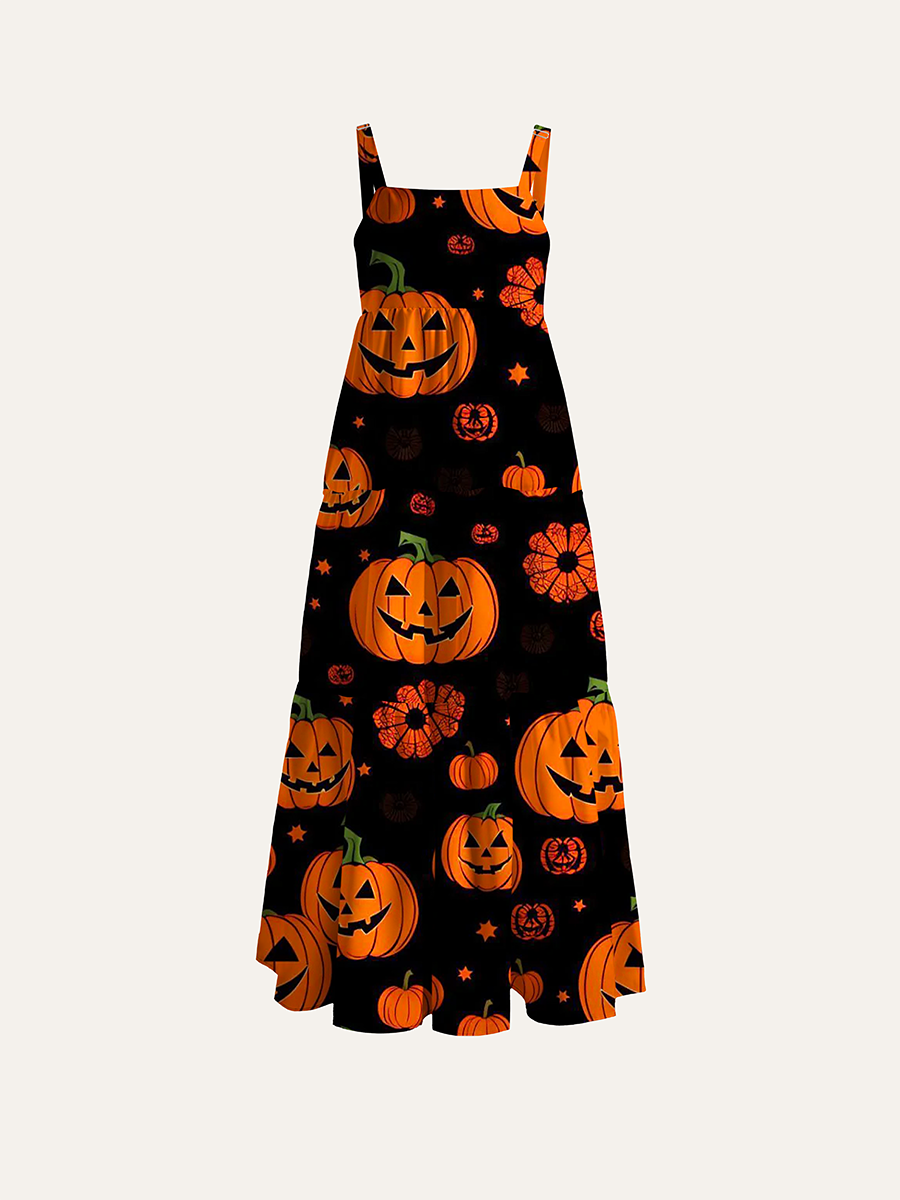 Classic Halloween Pumpkin Adjustable Wide Straps Maxi Dress