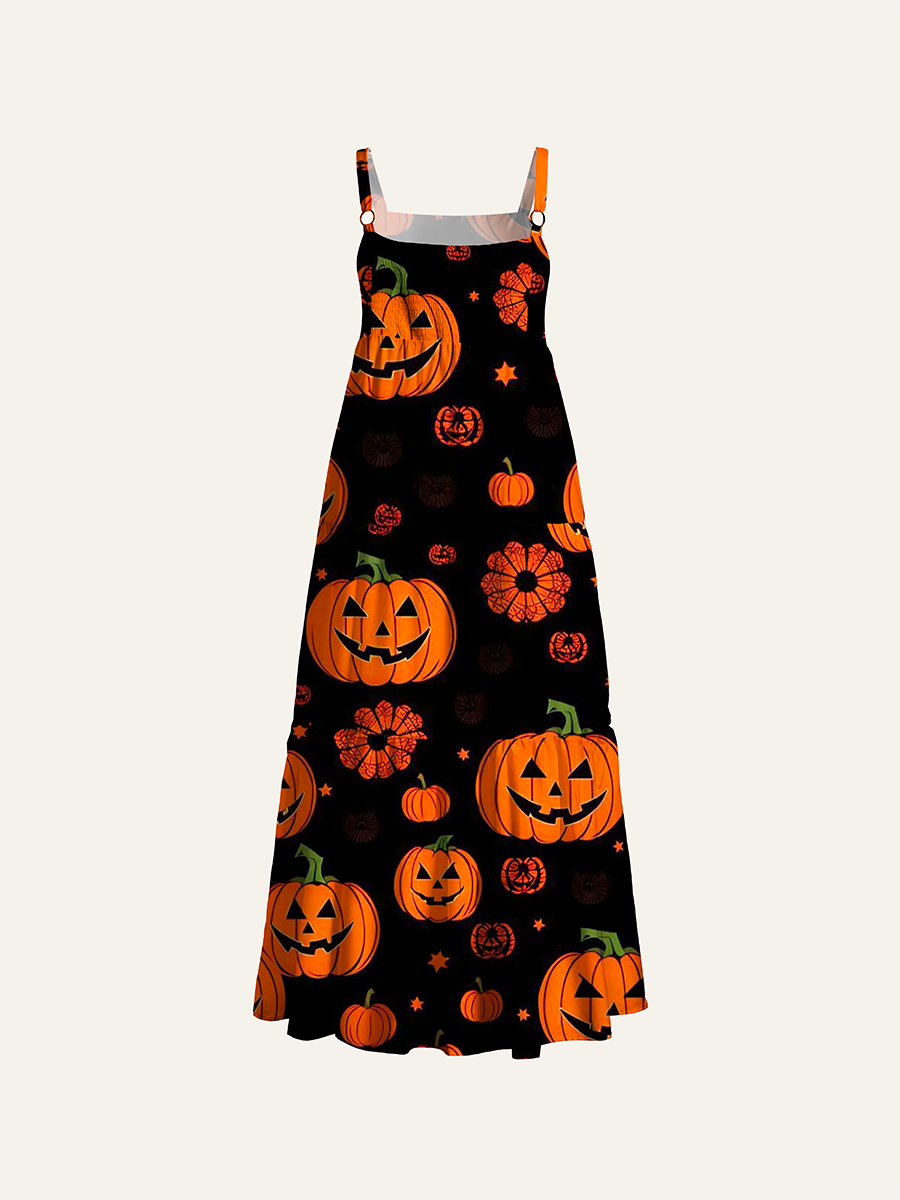 Classic Halloween Pumpkin Adjustable Wide Straps Maxi Dress