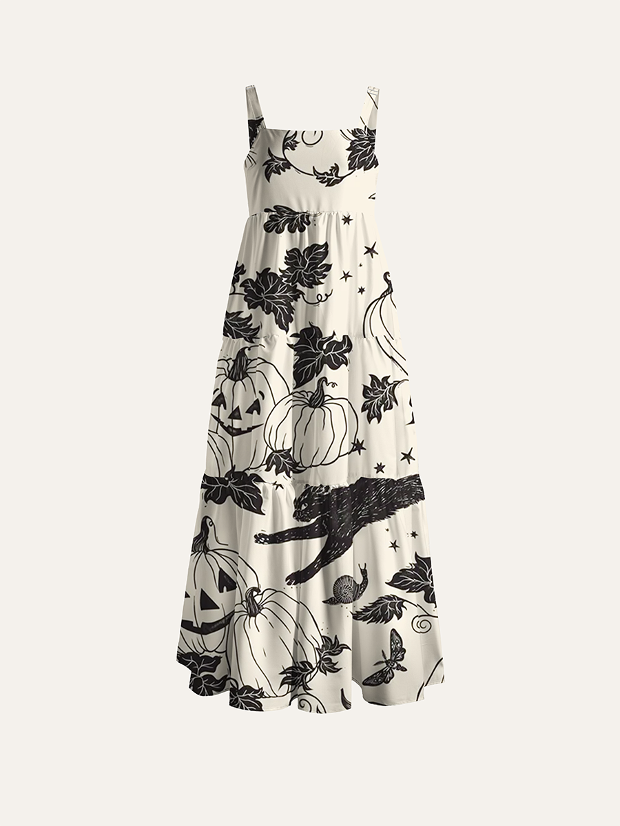 Black Cat Crow Pumpkin Adjustable Wide Straps Maxi Dress