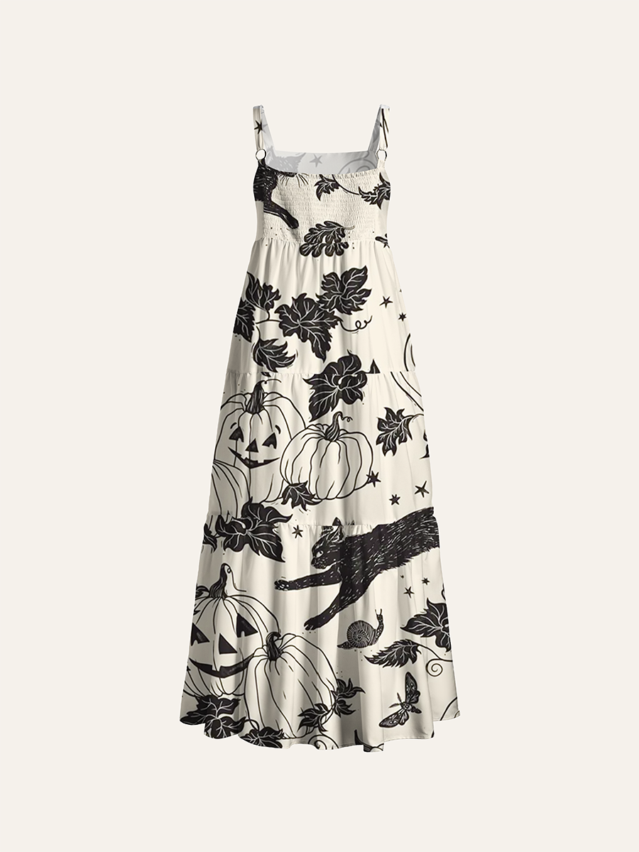 Black Cat Crow Pumpkin Adjustable Wide Straps Maxi Dress