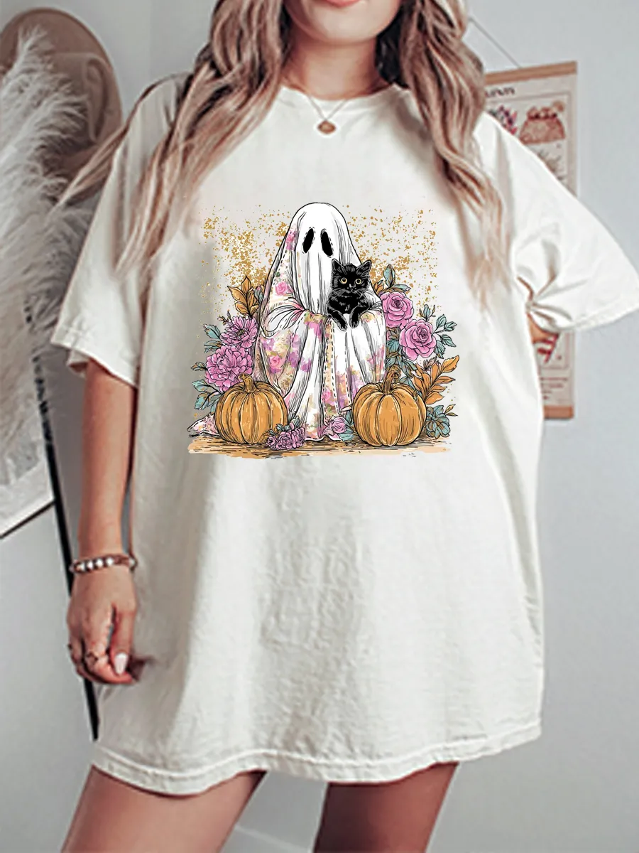 Vintage Ghost & Cat Oversize Graphic Tee