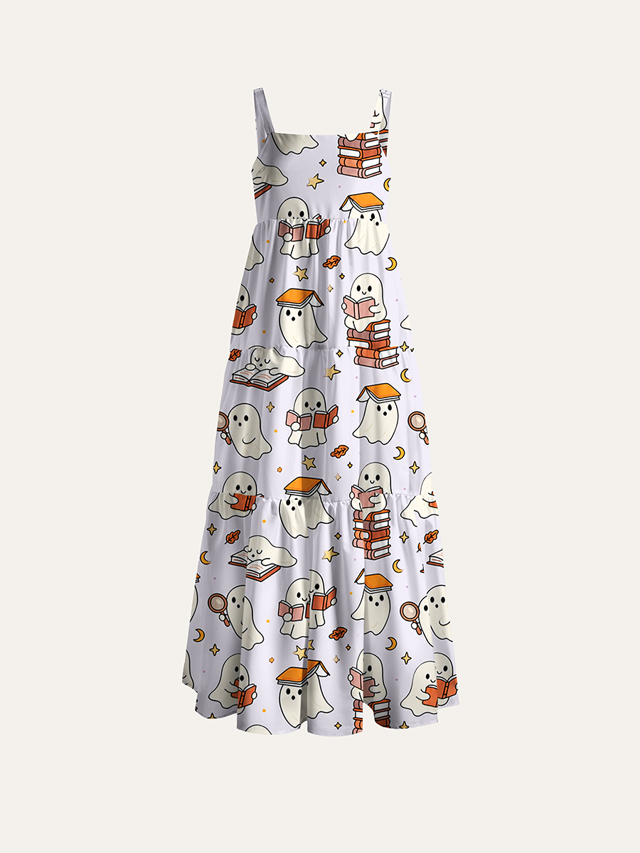 Bookish Ghost Pastel Halloween Adjustable Wide Straps Maxi Dress