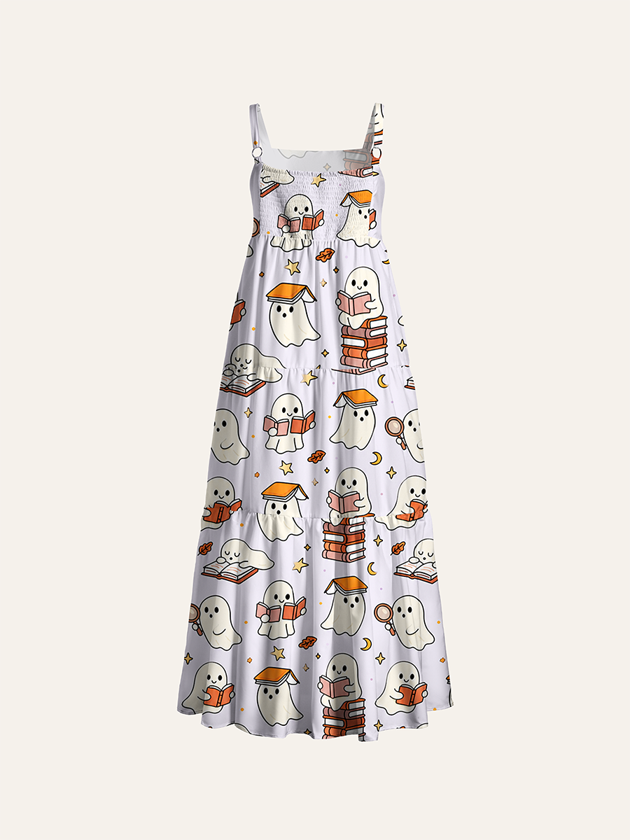 Bookish Ghost Pastel Halloween Adjustable Wide Straps Maxi Dress