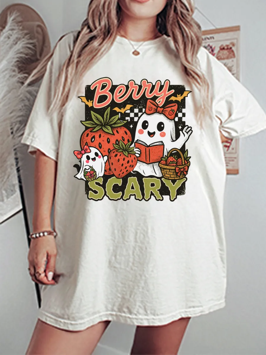 Vintage Berry Scary Bookish Ghost Strawberry Oversize Graphic Tee