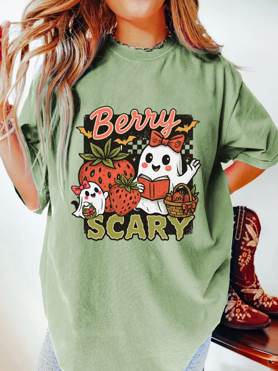 Vintage Berry Scary Bookish Ghost Strawberry Oversize Graphic Tee