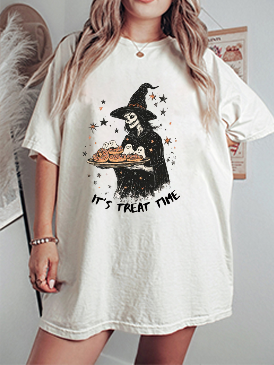 Vintage Spooky Skeleton Witch Holding Ghost Donuts Oversize Graphic Tee