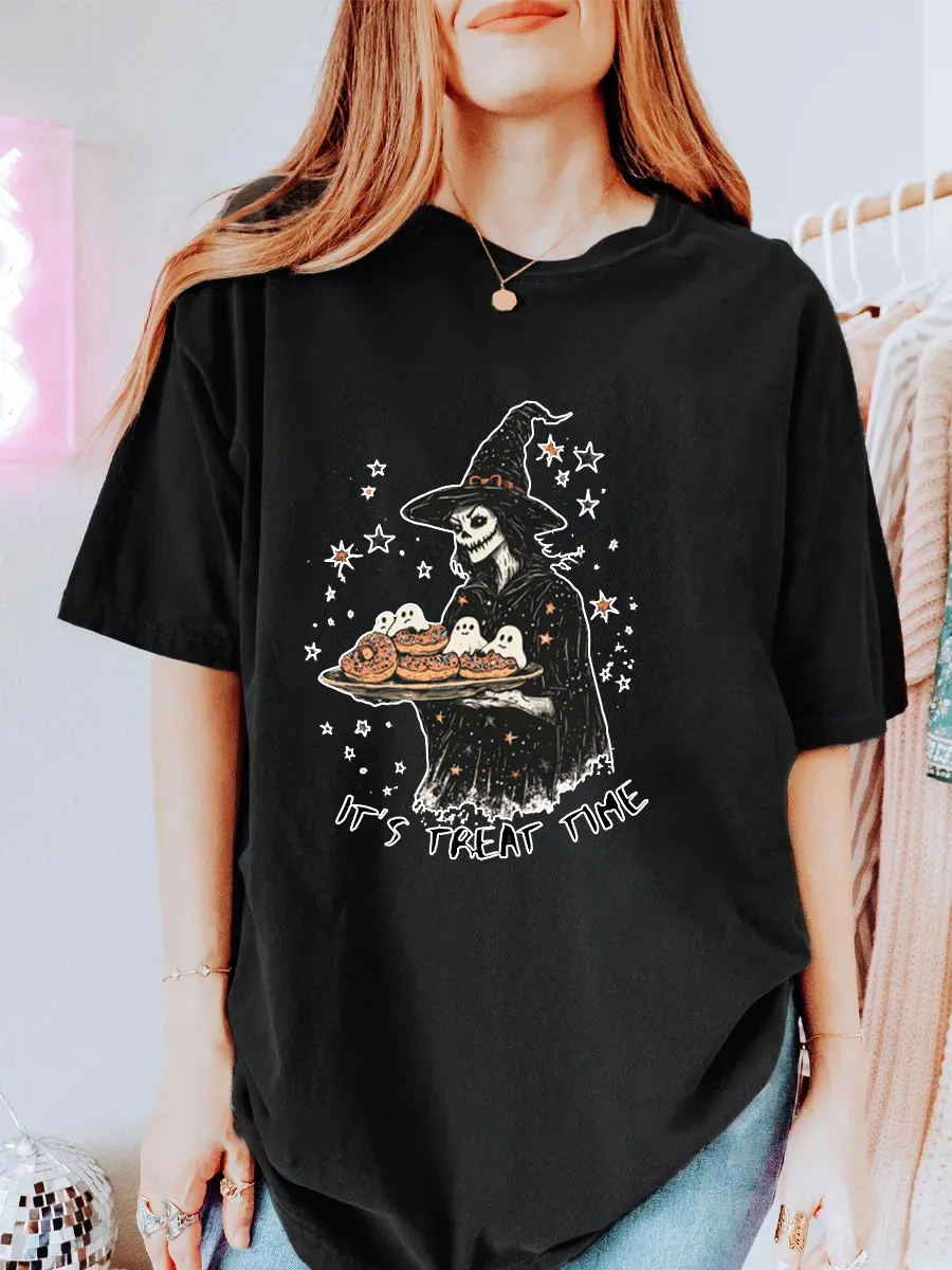 Vintage Spooky Skeleton Witch Holding Ghost Donuts Oversize Graphic Tee