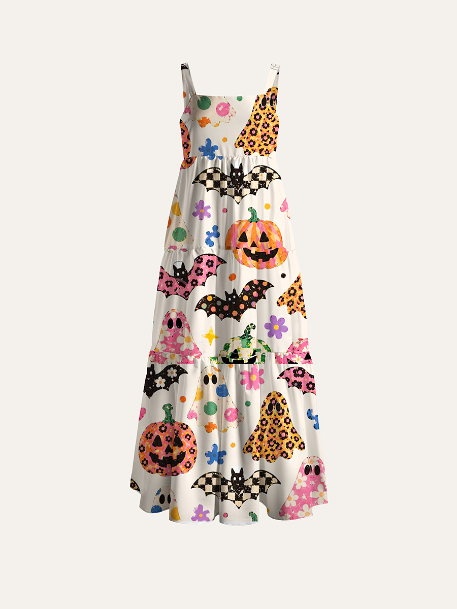Retro Boho Doodle Ghost Pumpkin Bat Halloween Adjustable Wide Straps Maxi Dress