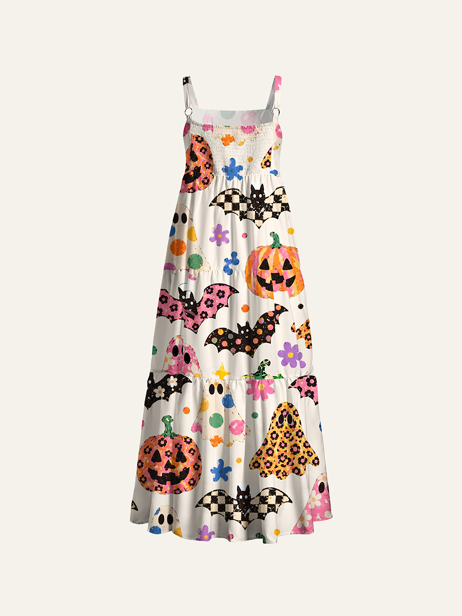 Retro Boho Doodle Ghost Pumpkin Bat Halloween Adjustable Wide Straps Maxi Dress