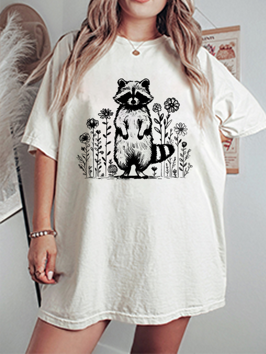 Vintage Raccoon & Floral Oversize Graphic Tee