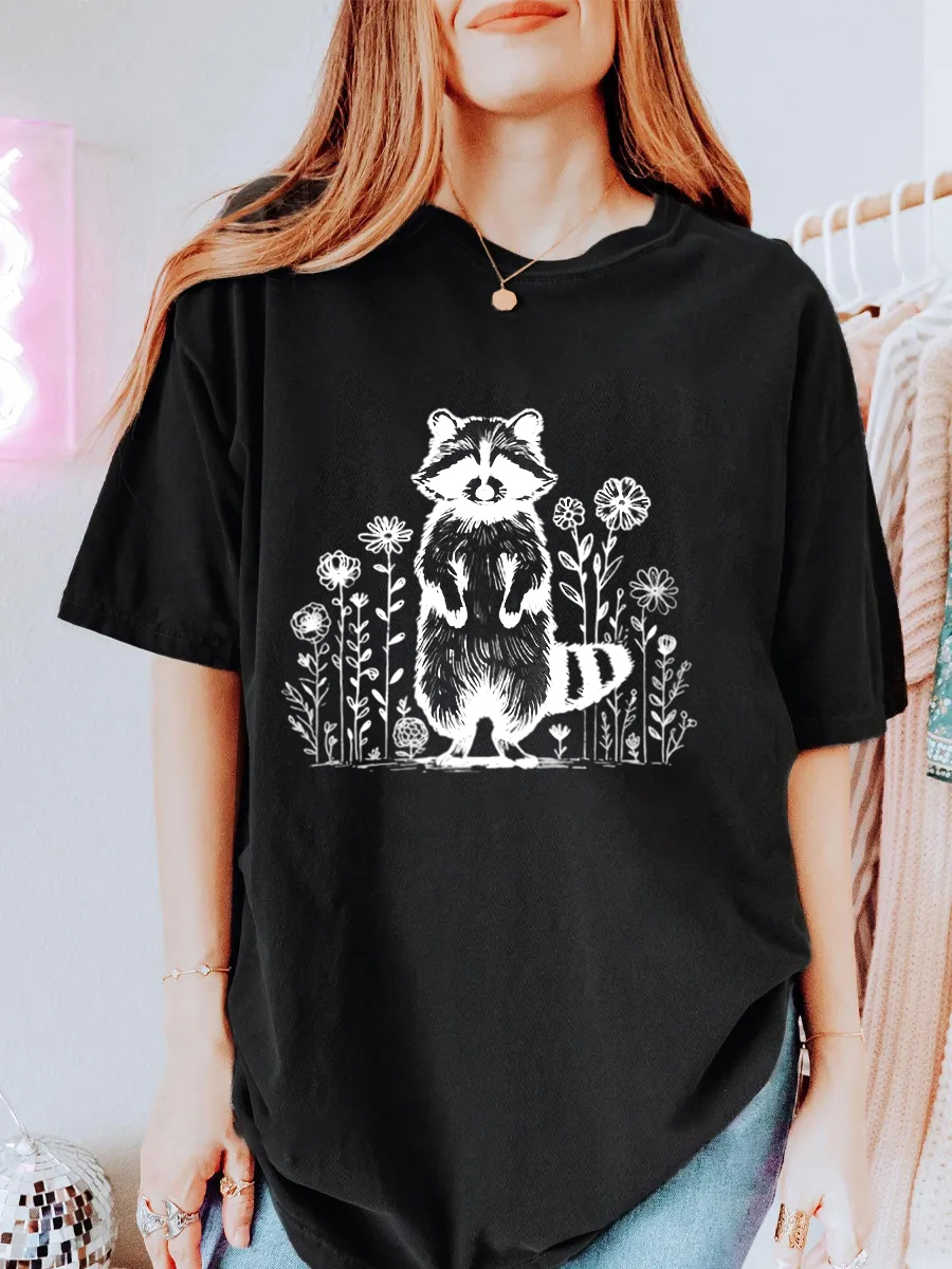 Vintage Raccoon & Floral Oversize Graphic Tee