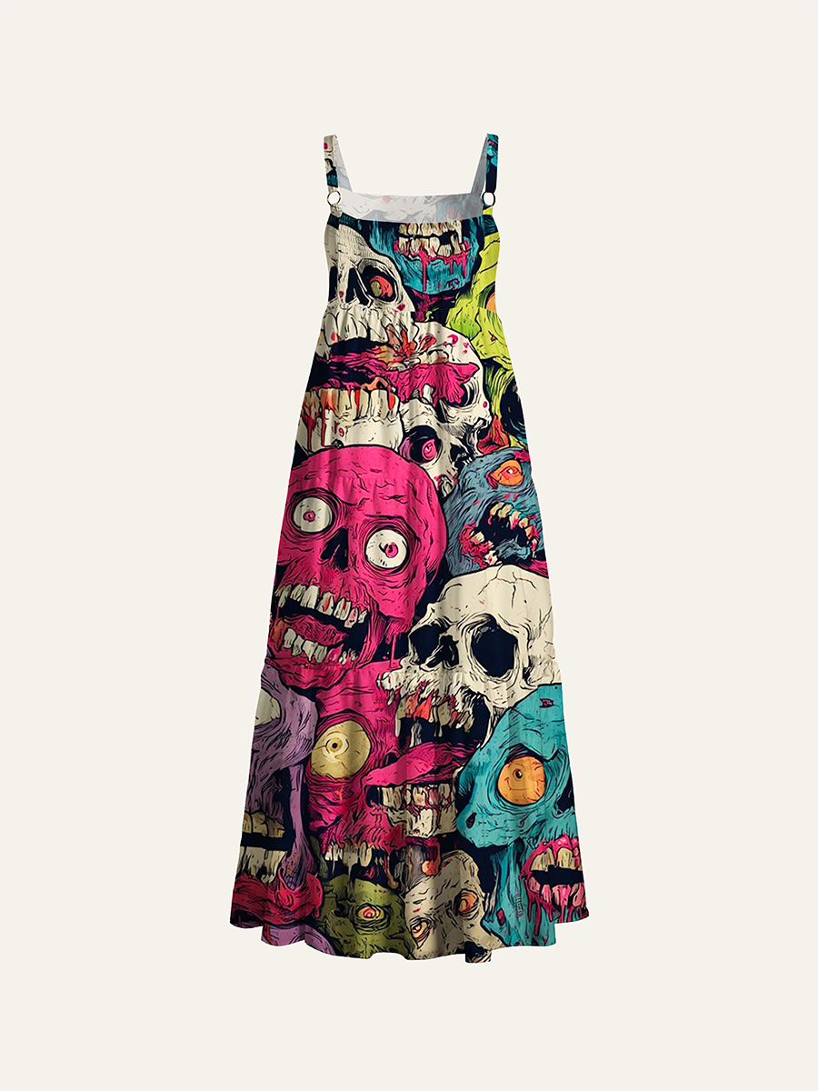 Psychedelic Zombie Skull Adjustable Wide Straps Maxi Dress