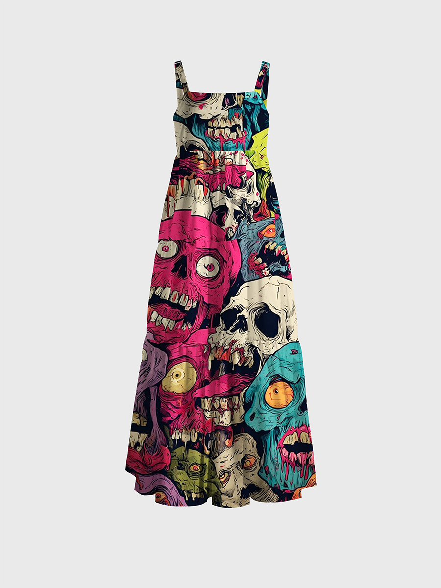 Psychedelic Zombie Skull Adjustable Wide Straps Maxi Dress