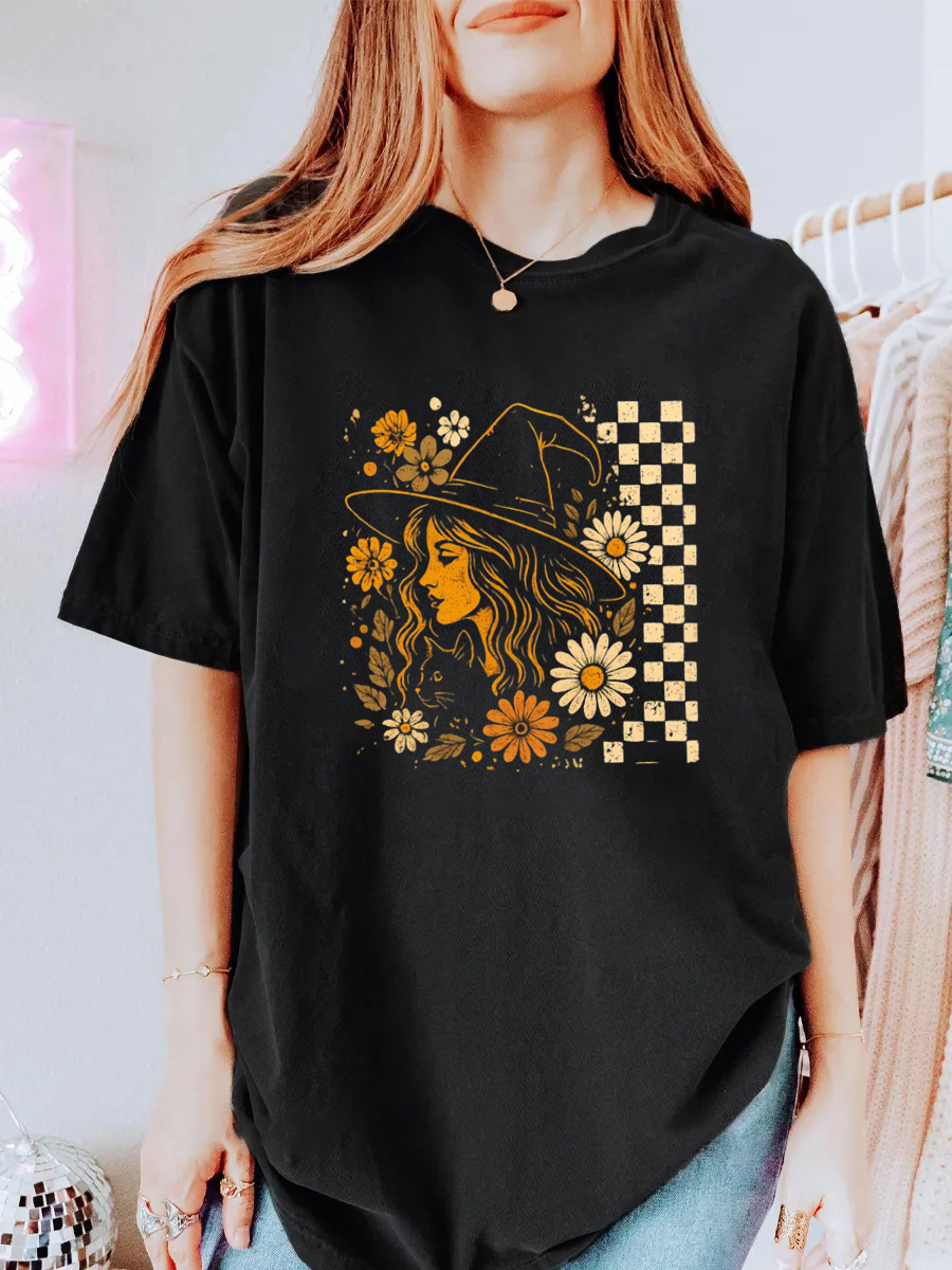 Vintage Checkered Witch Oversize Graphic Tee