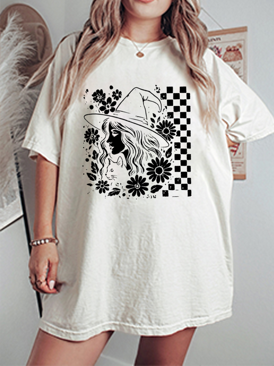 Vintage Checkered Witch Oversize Graphic Tee