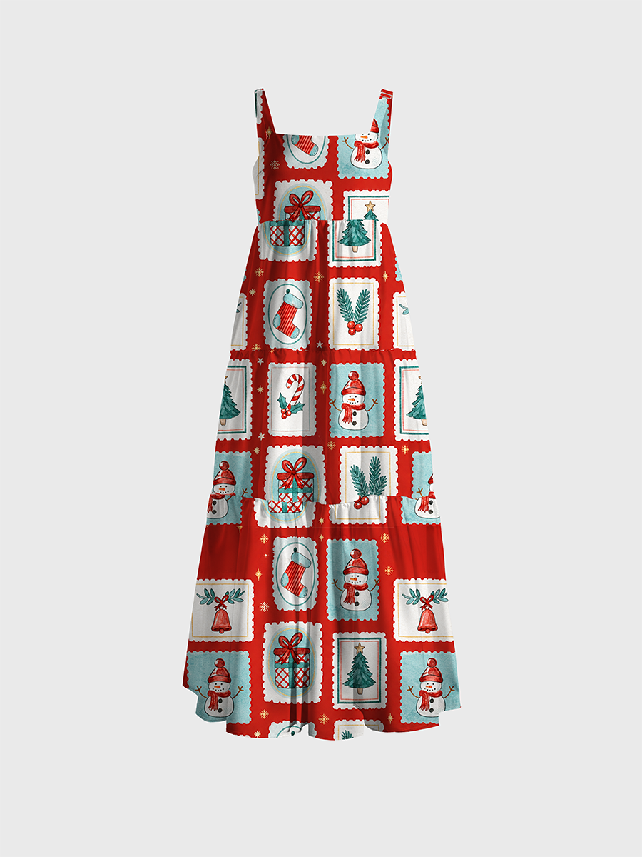 Colorful Block Embroidery Flower Adjustable Wide Straps Maxi Dress