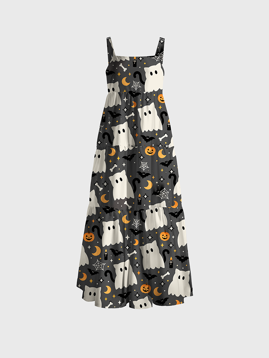 Cute Ghost Cat Bat Moon Star Adjustable Wide Straps Maxi Dress