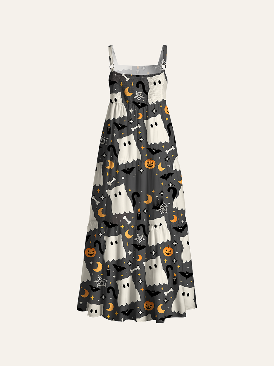 Cute Ghost Cat Bat Moon Star Adjustable Wide Straps Maxi Dress