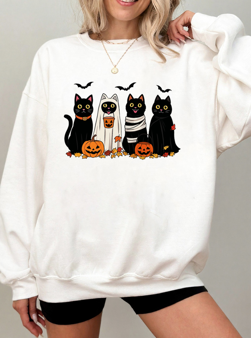 Vintage Spooky Cats Oversize Graphic Sweatshirt