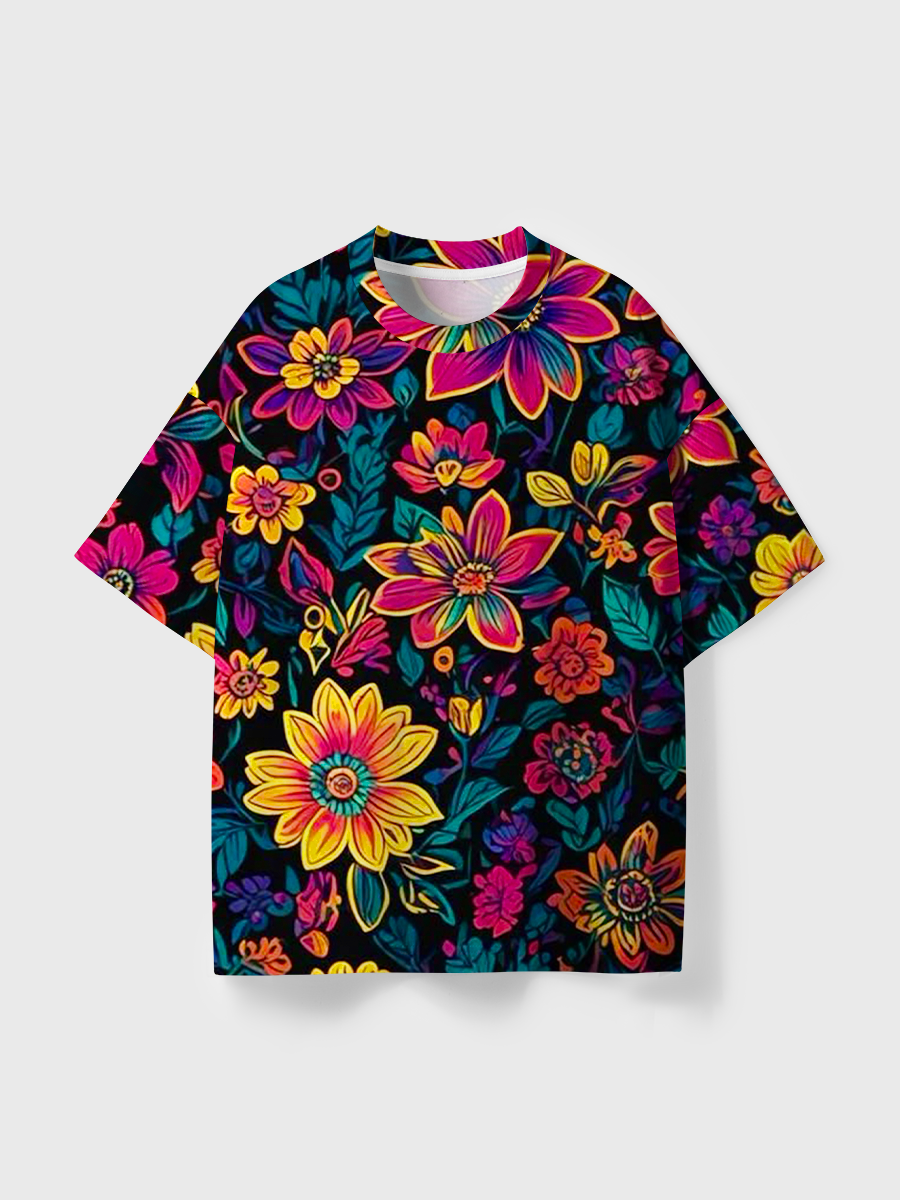 Vintage Psychedelic Neon Floral Print All Over Print T-Shirt