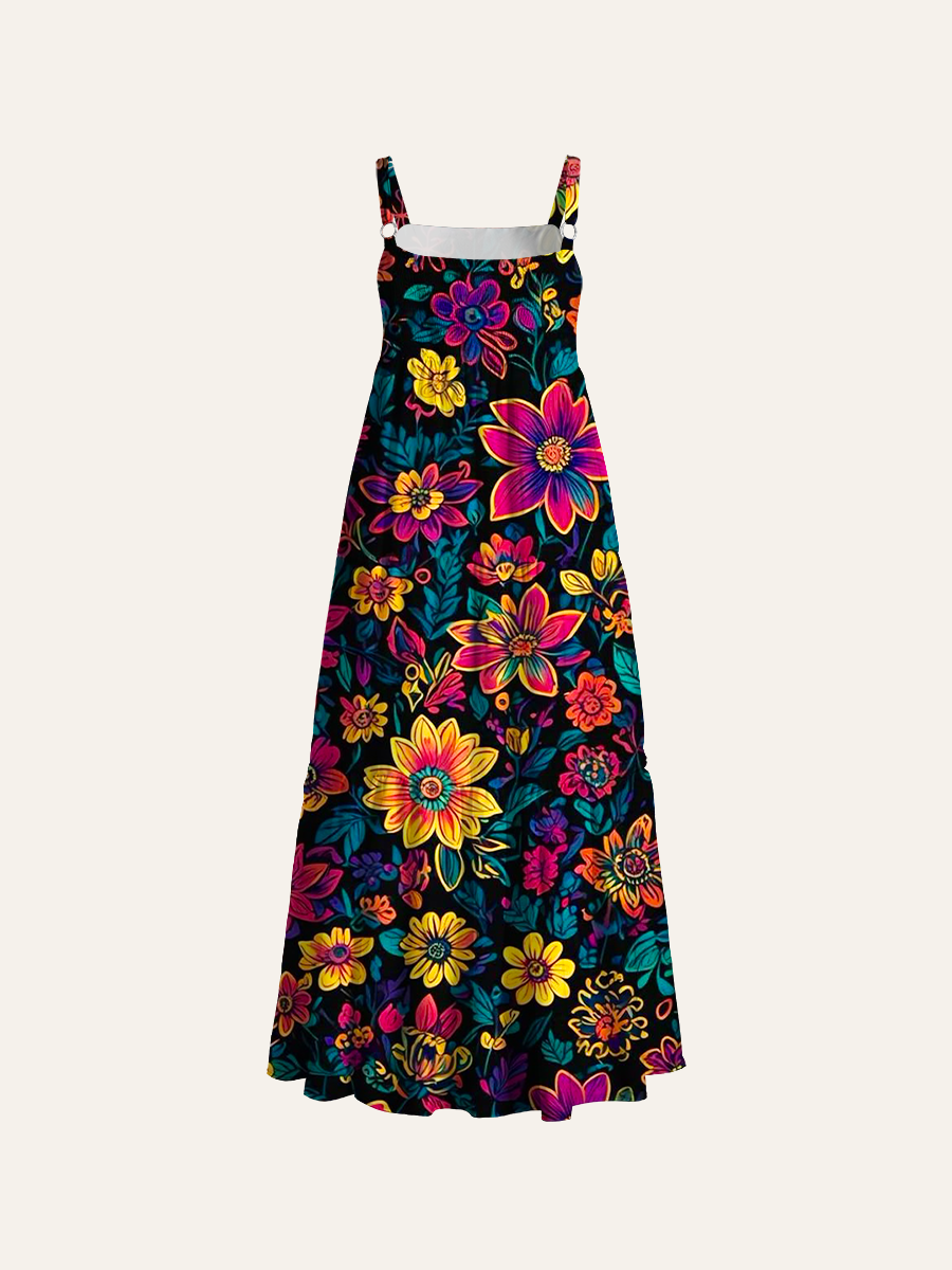 Psychedelic Neon Floral Print Adjustable Wide Straps Maxi Dress