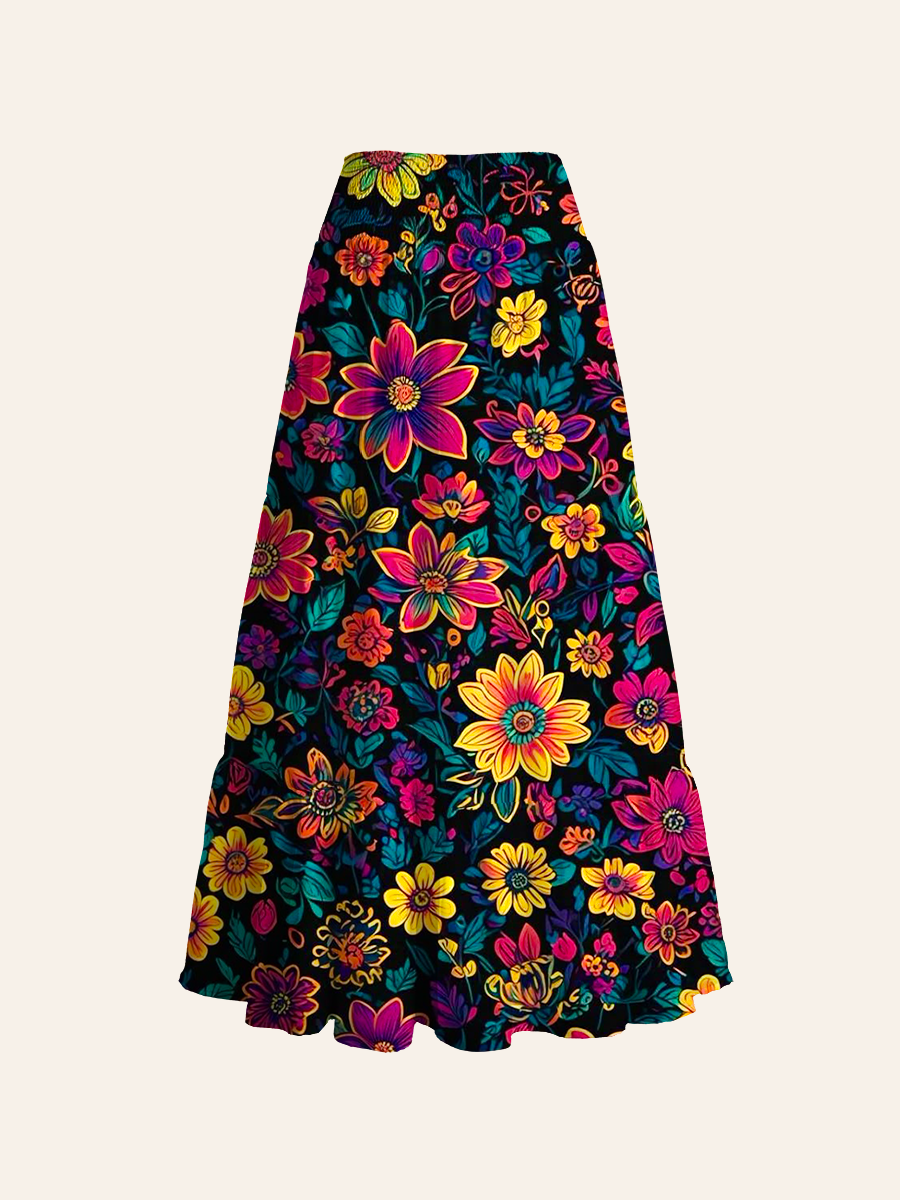 Psychedelic Neon Floral Print Convertible Maxi Skirts