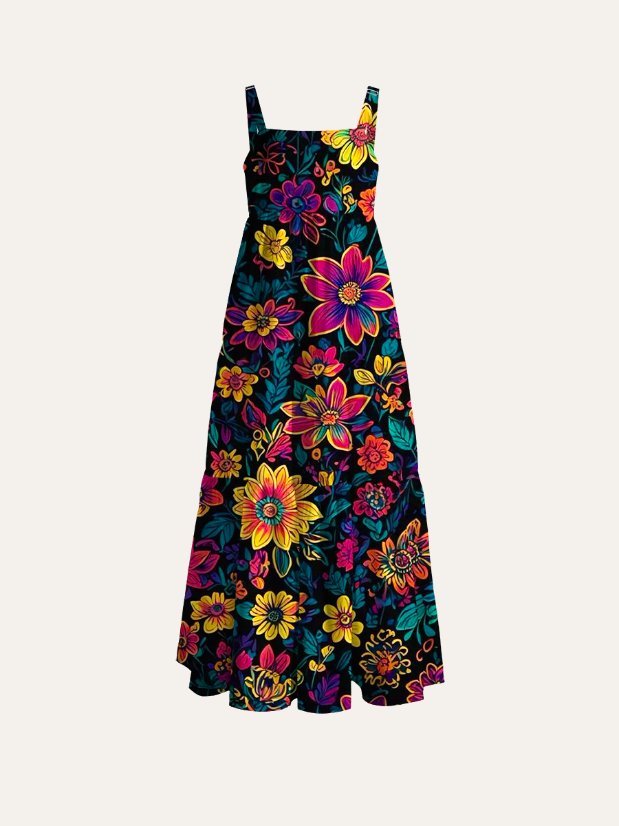 Psychedelic Neon Floral Print Adjustable Wide Straps Maxi Dress