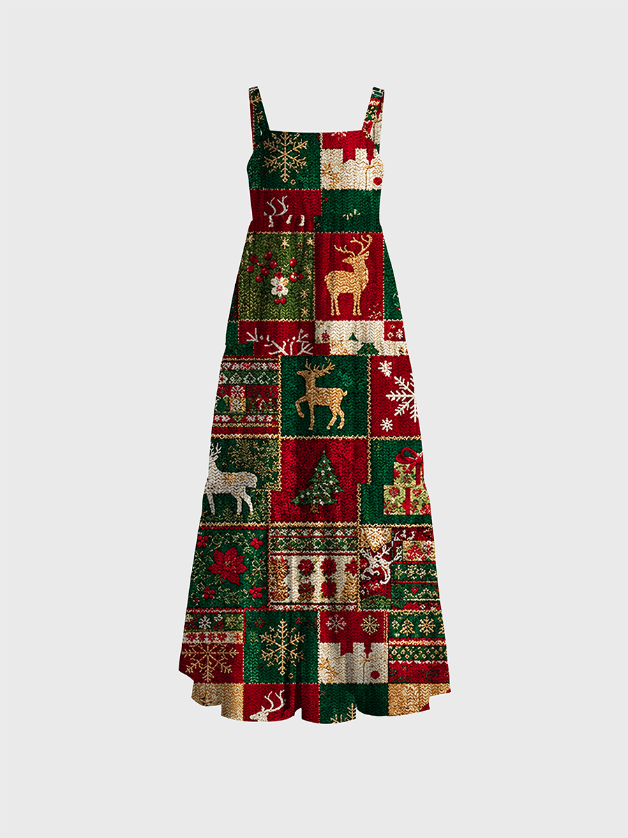 Vintage Christmas Patchwork Adjustable Wide Straps Maxi Dress