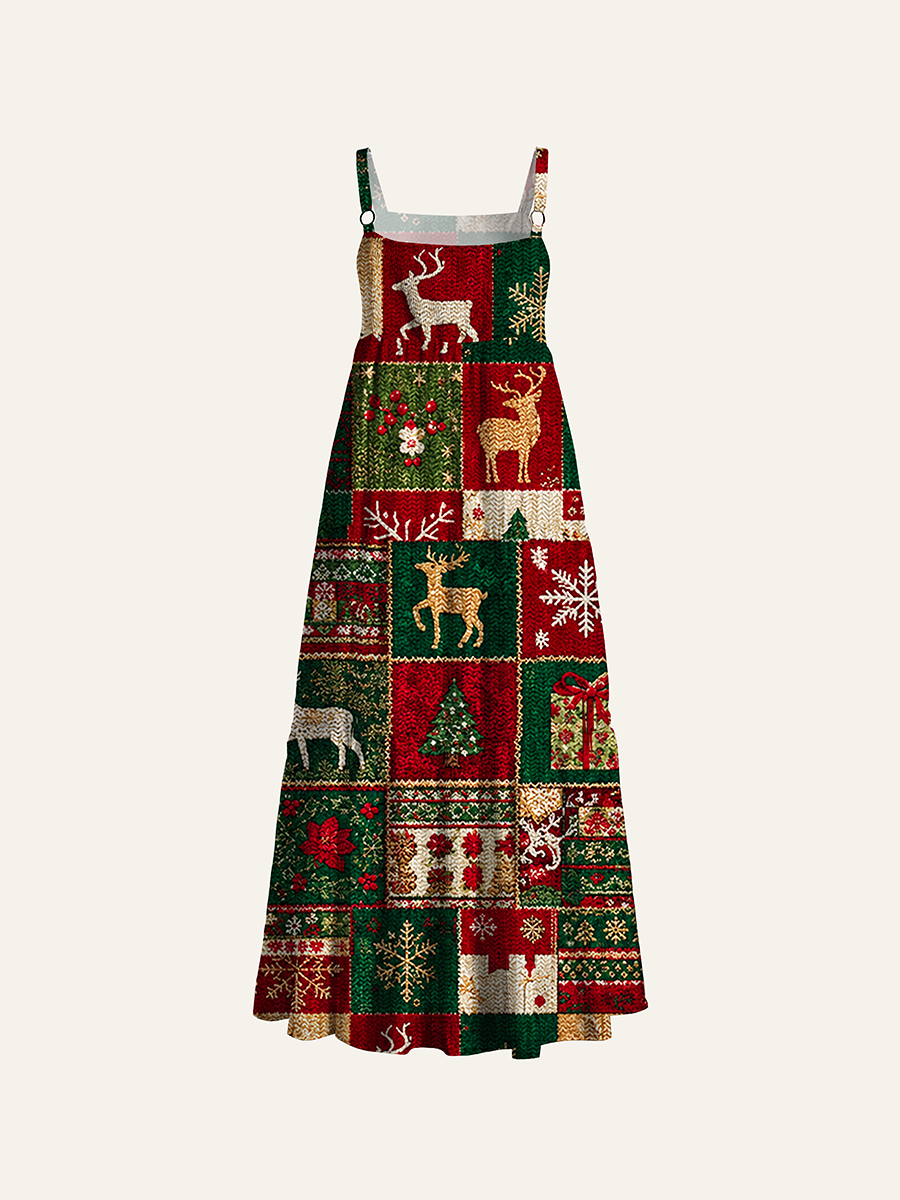 Vintage Christmas Patchwork Adjustable Wide Straps Maxi Dress